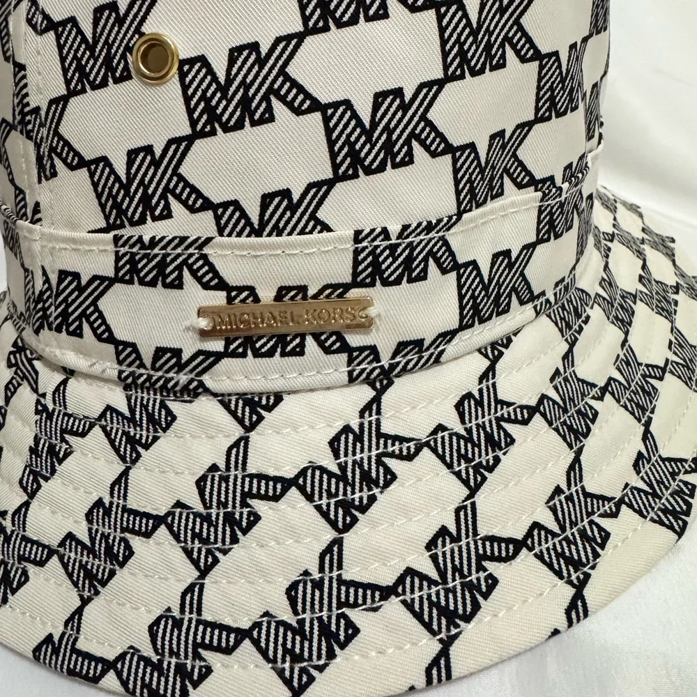 Michael Kors Cream and Black MK Logo Bucket Hat with Gold Accent